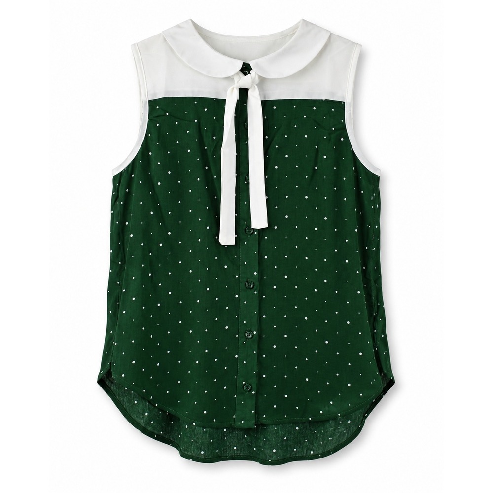 Tulip B Womens Green Polka Dot Sleeveless Tie Neck Peter Pan Collar Blouse M